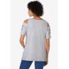 Woman Within Plus Size Short-Sleeve Cold-Shoulder Tee(Heather Grey Ditsy Embroidery)