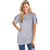 Woman Within Plus Size Short-Sleeve Cold-Shoulder Tee(Heather Grey Ditsy Embroidery)
