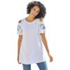 Woman Within Plus Size Short-Sleeve Cold-Shoulder Tee(White Rose Embroidery)