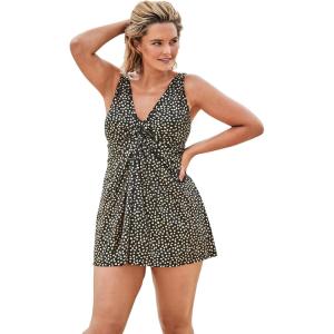 Swimsuits For All Swim 365 Women’s Plus Size Twist-Front Swim Dress(Gold Abstract Dots)