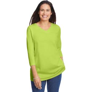 Woman Within Plus Size Perfect Three-Quarter Sleeve V-Neck Tee (Petite Available)(Lime)