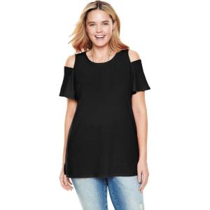 Woman Within Plus Size Short-Sleeve Cold-Shoulder Tee(Black)