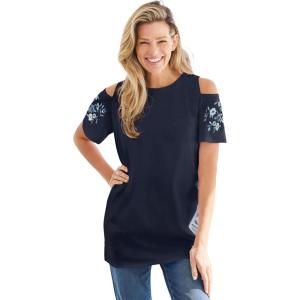 Woman Within Plus Size Short-Sleeve Cold-Shoulder Tee(Navy Ditsy Embroidery)