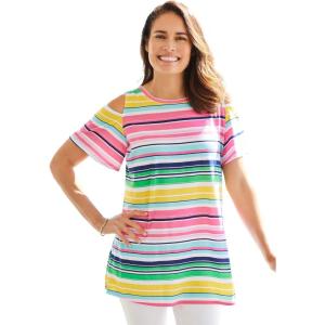 Woman Within Plus Size Short-Sleeve Cold-Shoulder Tee(White Charming Stripe)