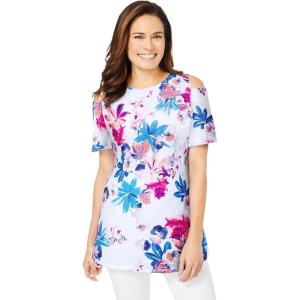 Woman Within Plus Size Short-Sleeve Cold-Shoulder Tee(White Multi Flower)