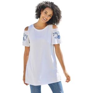 Woman Within Plus Size Short-Sleeve Cold-Shoulder Tee(White Rose Embroidery)