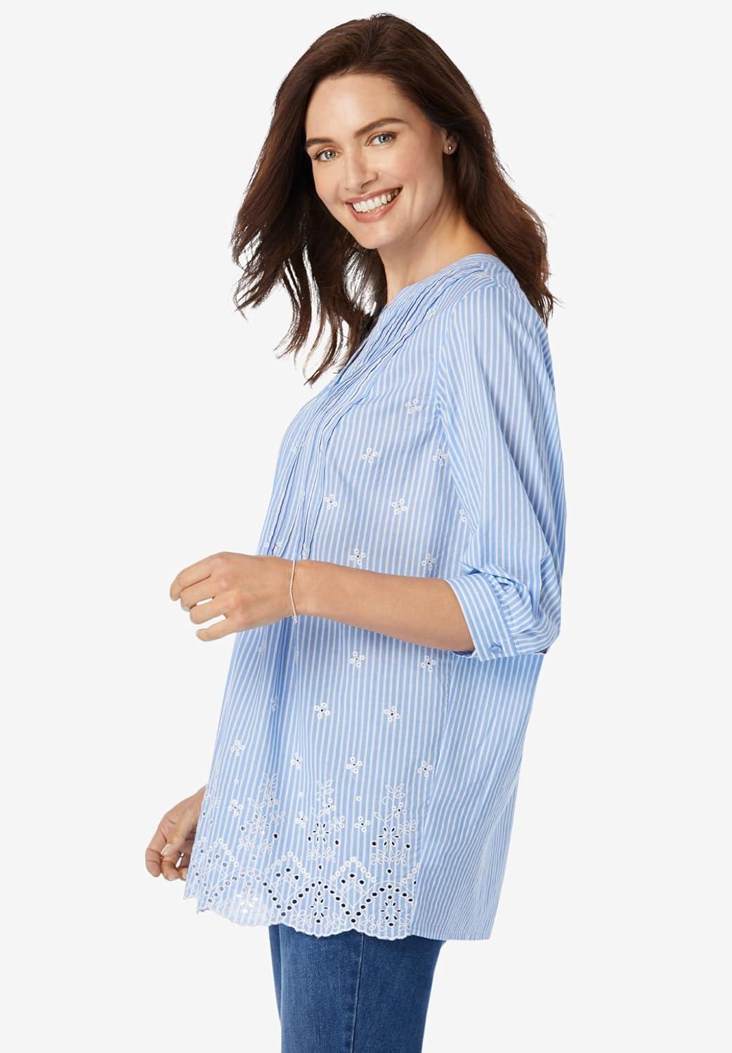 imageWoman Within Plus Size Embroidered Pintuck TunicEvening Blue Eyelet Embroidery