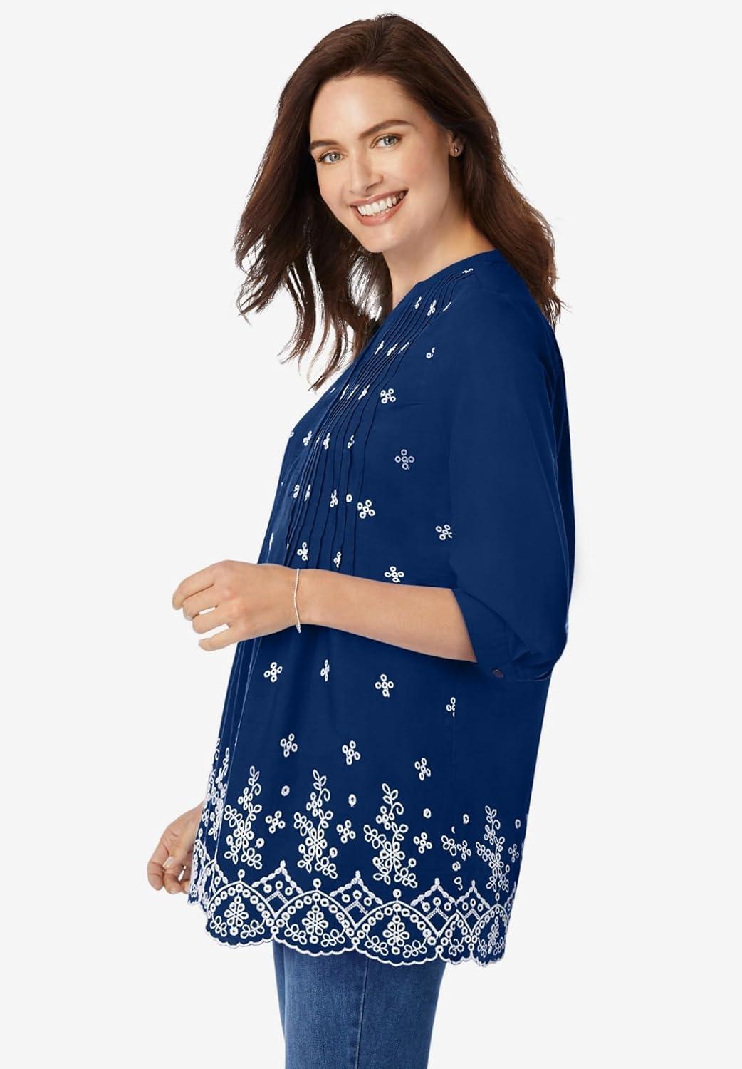 imageWoman Within Plus Size Embroidered Pintuck TunicEvening Blue Eyelet Embroidery
