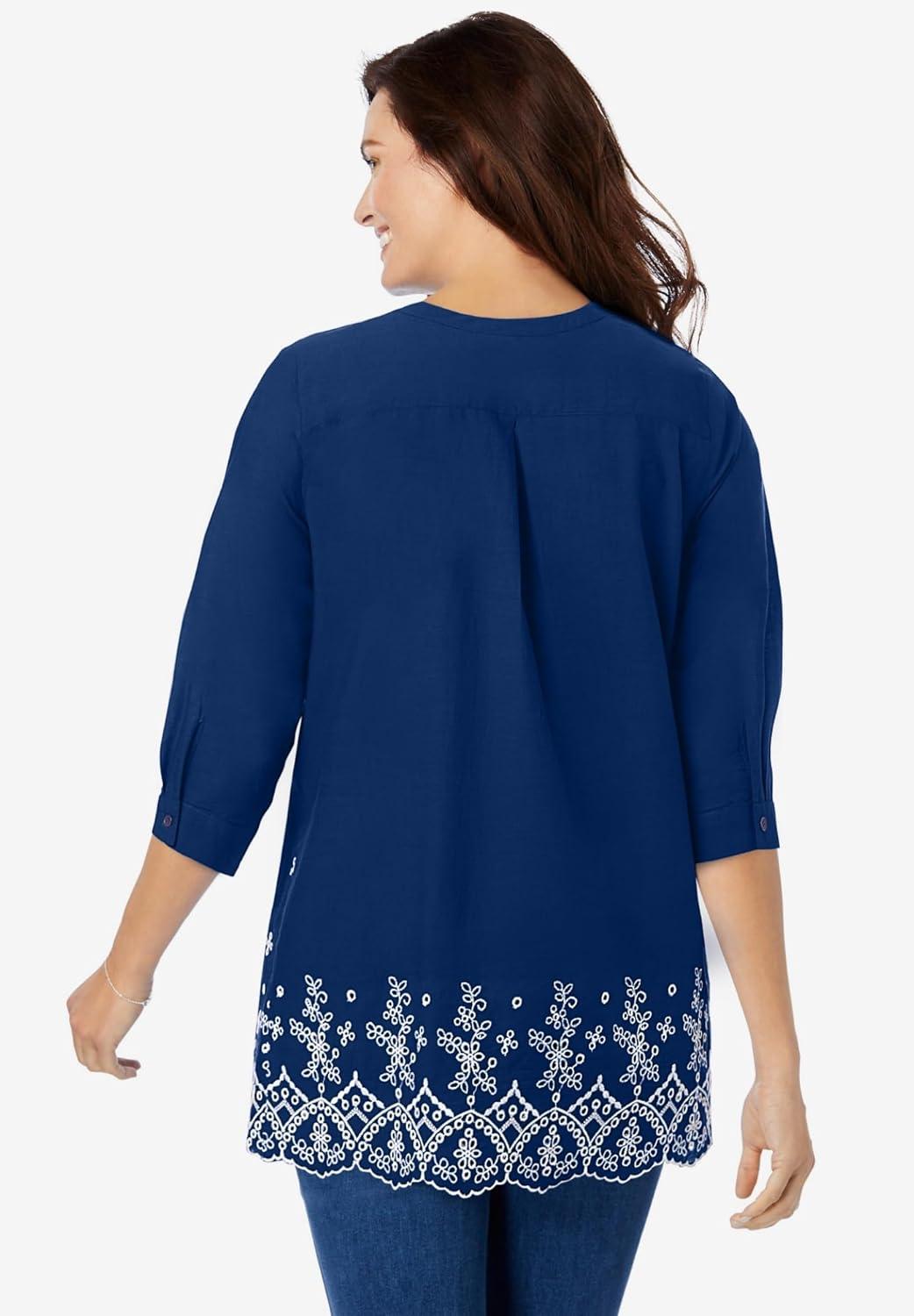 imageWoman Within Plus Size Embroidered Pintuck TunicEvening Blue Eyelet Embroidery