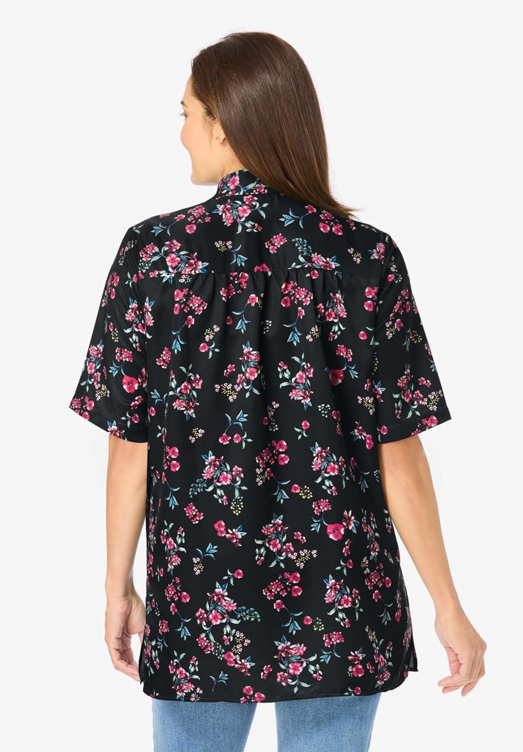imageWoman Within Plus Size No Iron Short Sleeve Peachskin ShirtBlack Floral