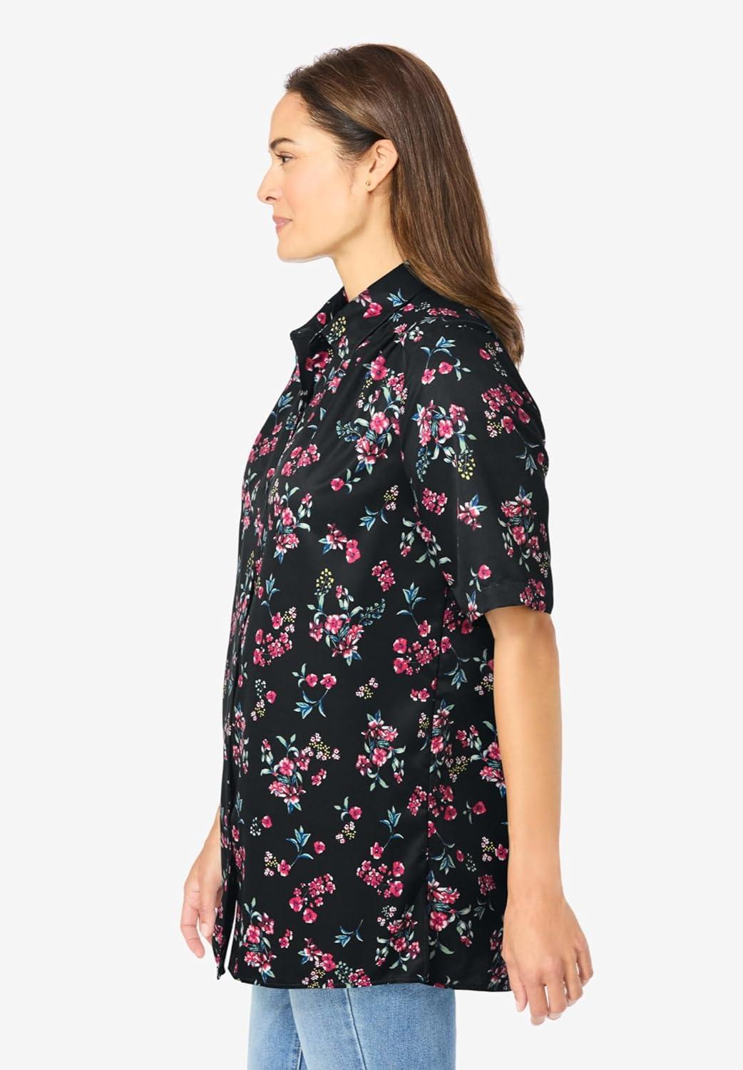 imageWoman Within Plus Size No Iron Short Sleeve Peachskin ShirtBlack Floral