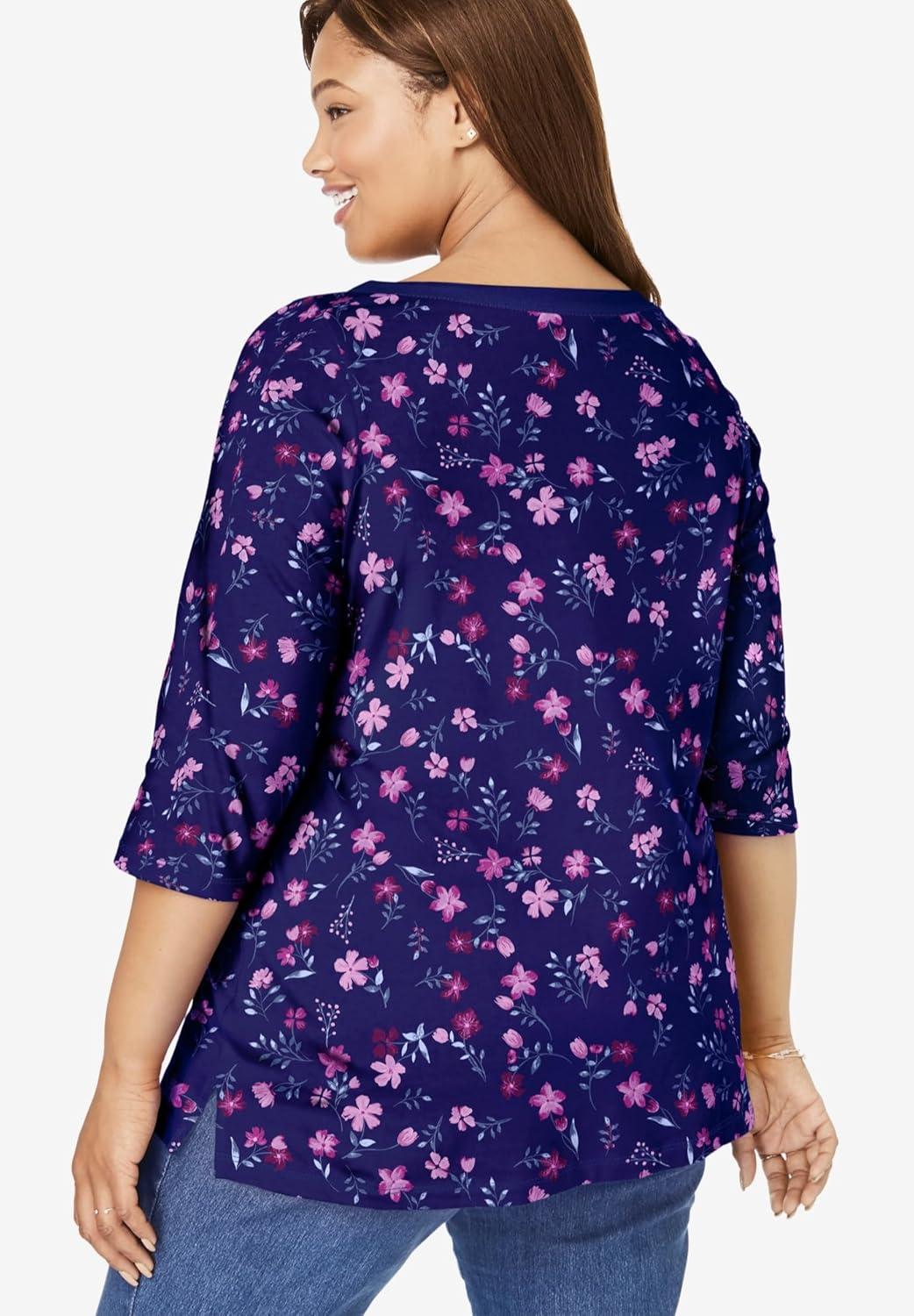 imageWoman Within Plus Size Perfect Printed ElbowSleeve Boatneck TeeHeather Grey Pretty Floral