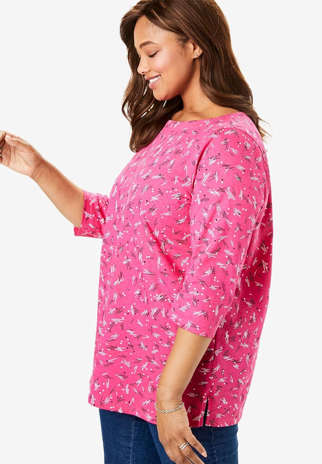 imageWoman Within Plus Size Perfect Printed ElbowSleeve Boatneck TeeHeather Grey Pretty Floral