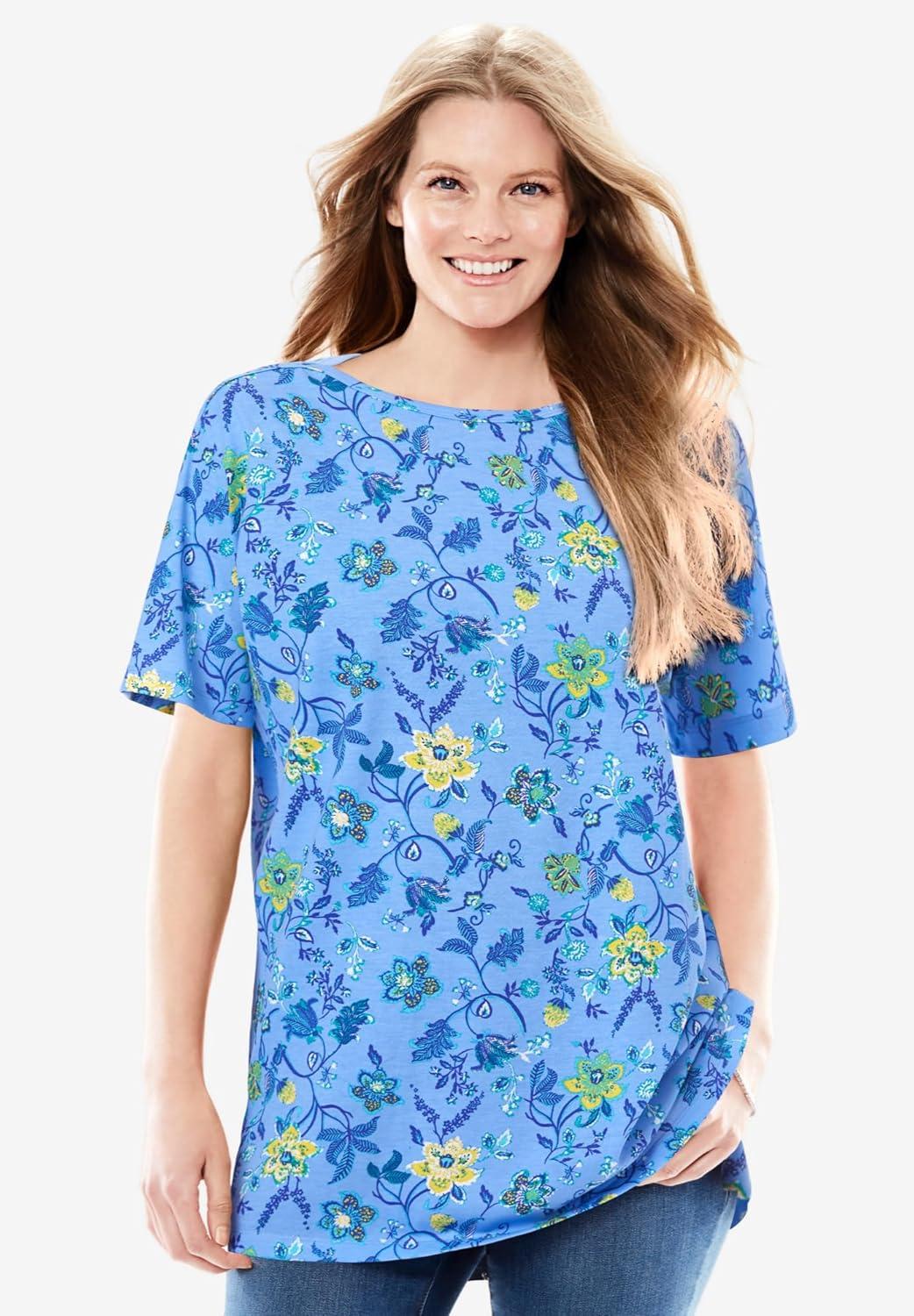 imageWoman Within Plus Size Perfect Printed ShortSleeve Boatneck TunicBlue Rose Ditsy Bouquet