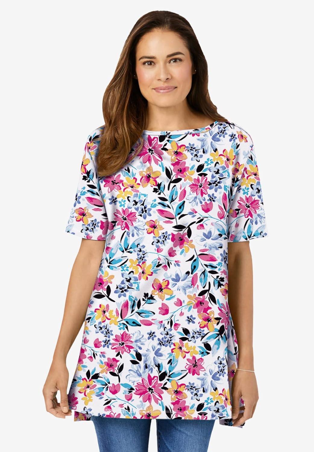 imageWoman Within Plus Size Perfect Printed ShortSleeve Boatneck TunicBlue Rose Ditsy Bouquet