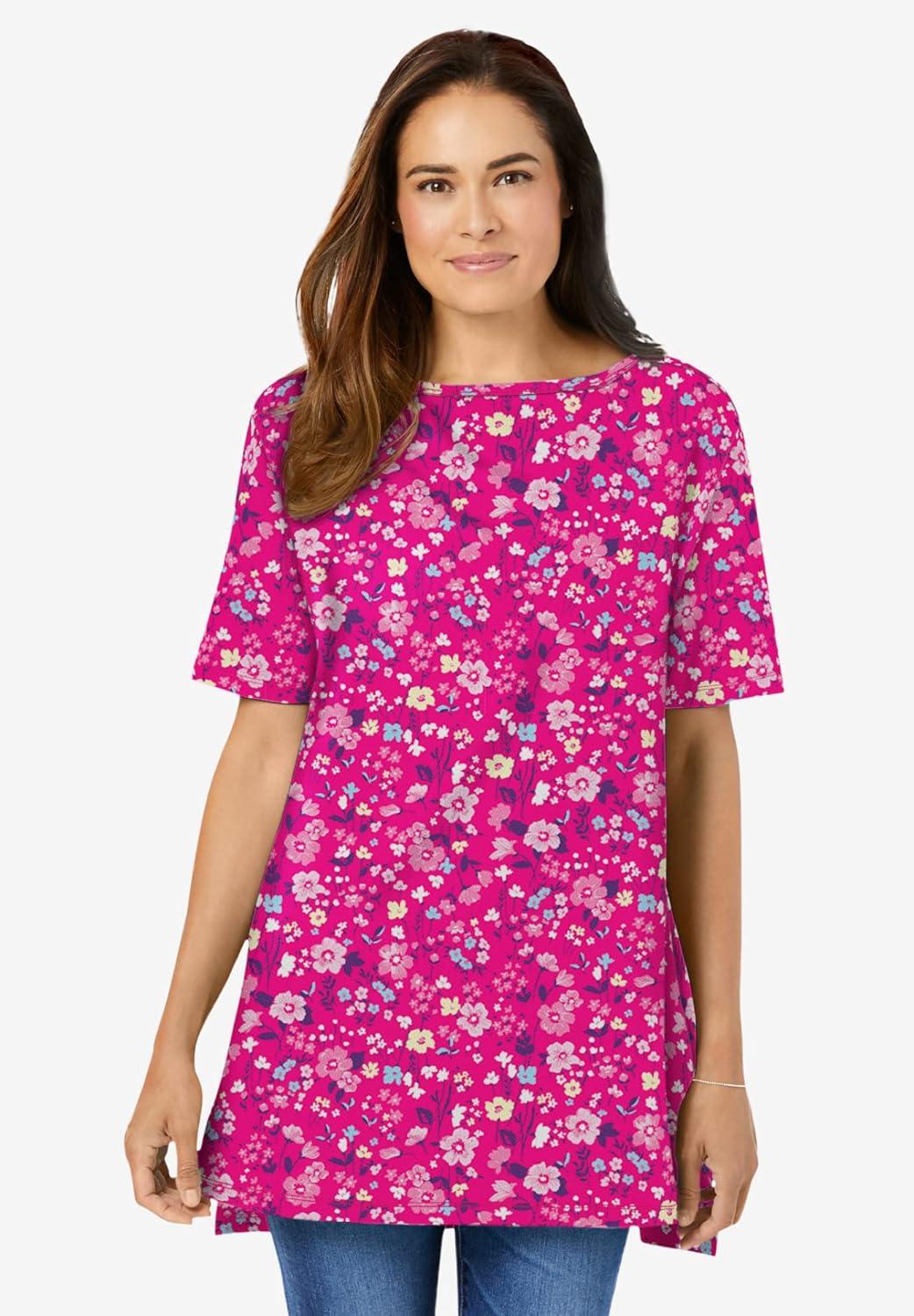 imageWoman Within Plus Size Perfect Printed ShortSleeve Boatneck TunicBlue Rose Ditsy Bouquet
