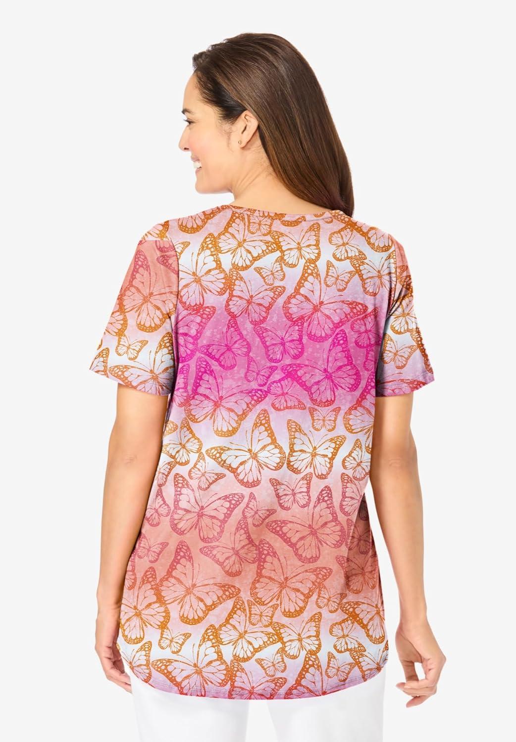 imageWoman Within Plus Size ShortSleeve VNeck Shirred TeeRaspberry Sorbet Ombre Butterfly