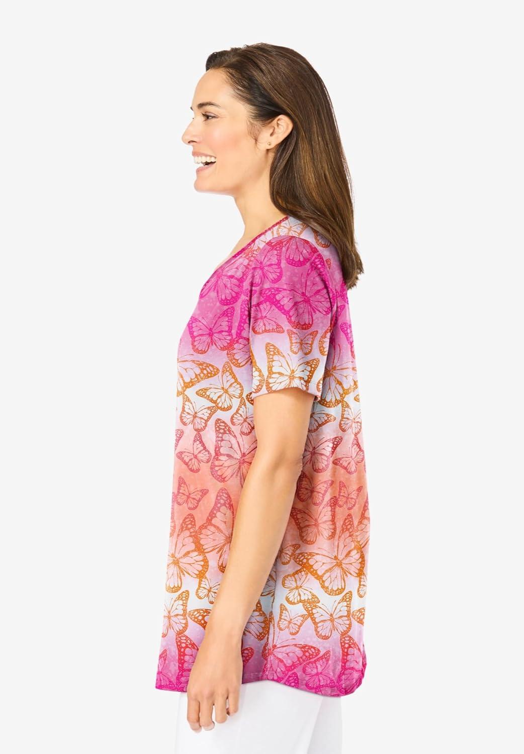 imageWoman Within Plus Size ShortSleeve VNeck Shirred TeeRaspberry Sorbet Ombre Butterfly