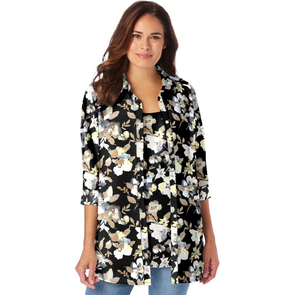 imageWoman Within Plus Size 2Piece Shirt and TankBlack Khaki Watercolor Flower