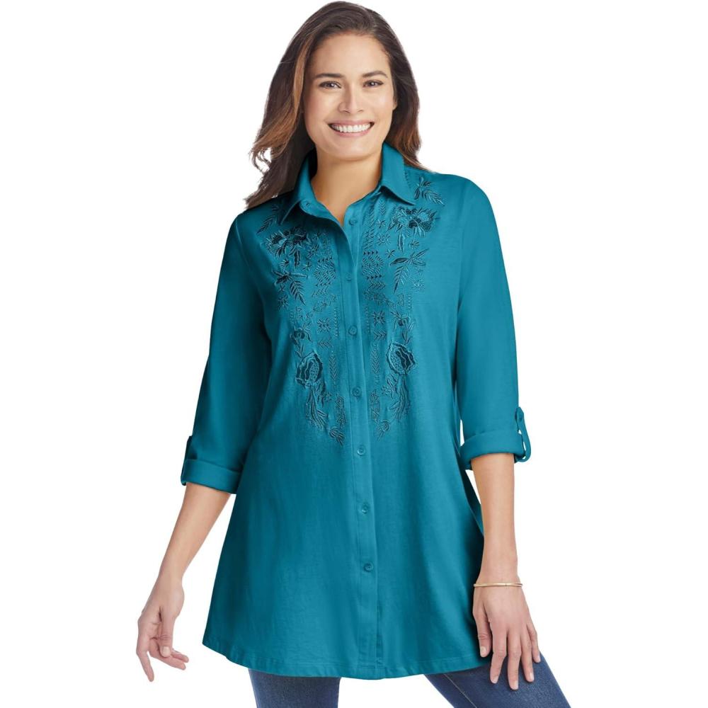 imageWoman Within Plus Size ButtonFront Embroidered TunicDeep Teal Embroidery