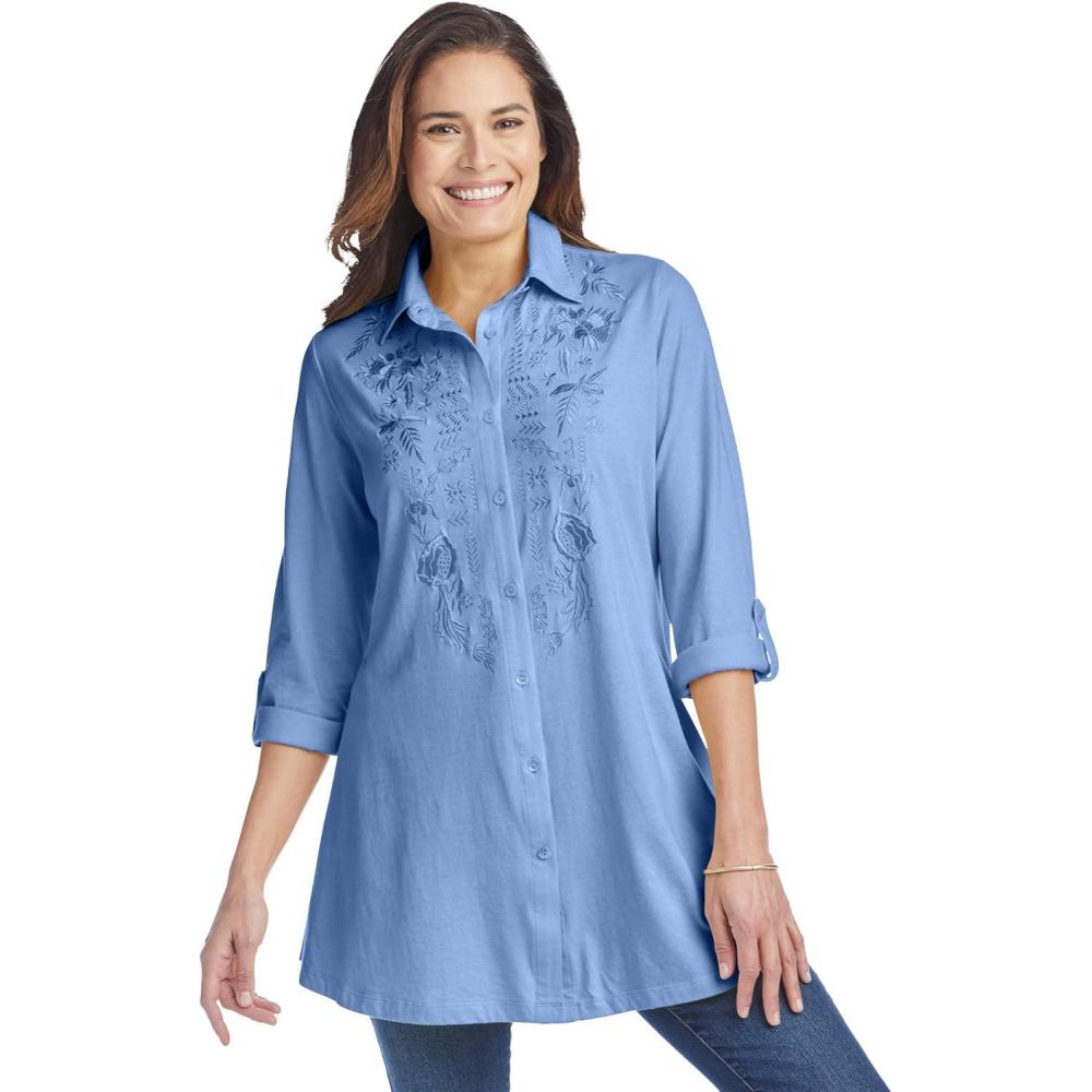 imageWoman Within Plus Size ButtonFront Embroidered TunicFrench Blue Embroidery