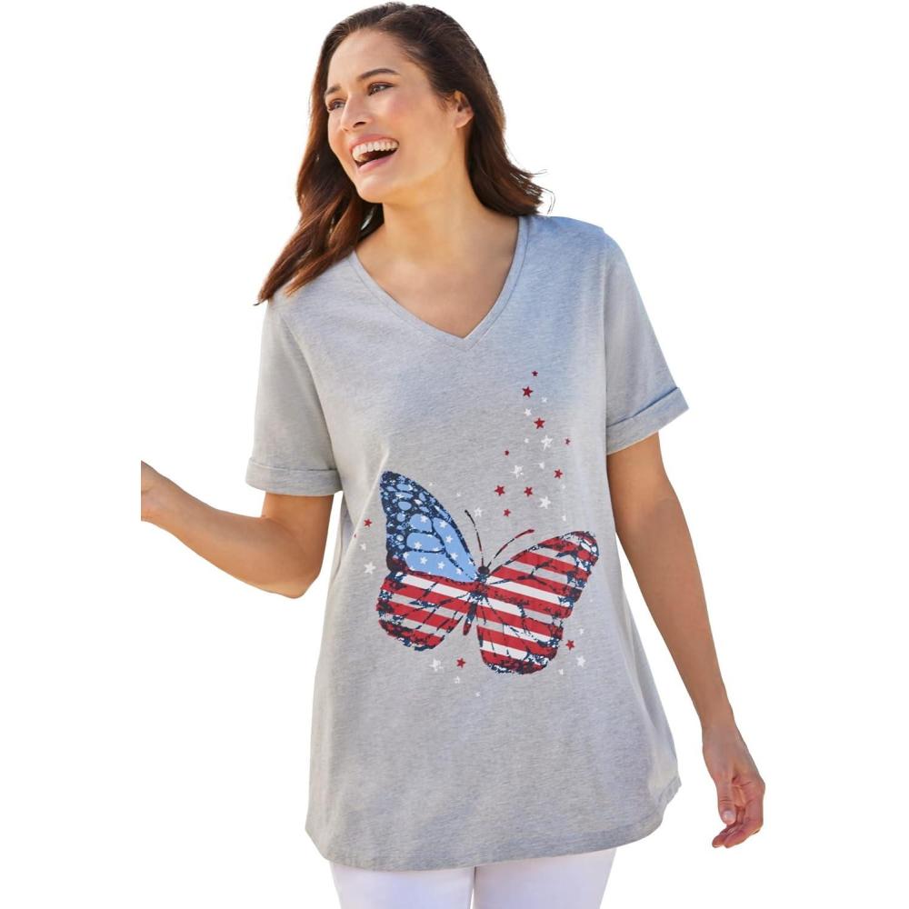 imageWoman Within Plus Size Cuffed Americana Print TeeHeather Grey Americana Butterfly