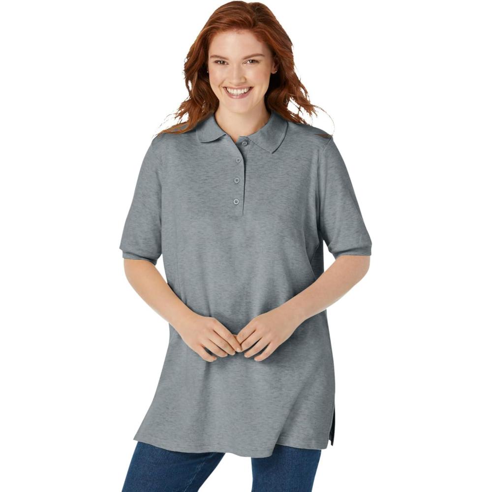 imageWoman Within Plus Size ElbowSleeve Polo TunicMedium Heather Grey