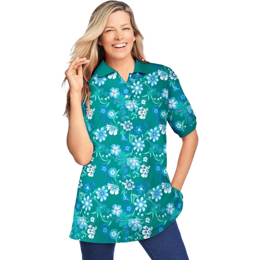imageWoman Within Plus Size ElbowSleeve Polo TunicWaterfall Flowers