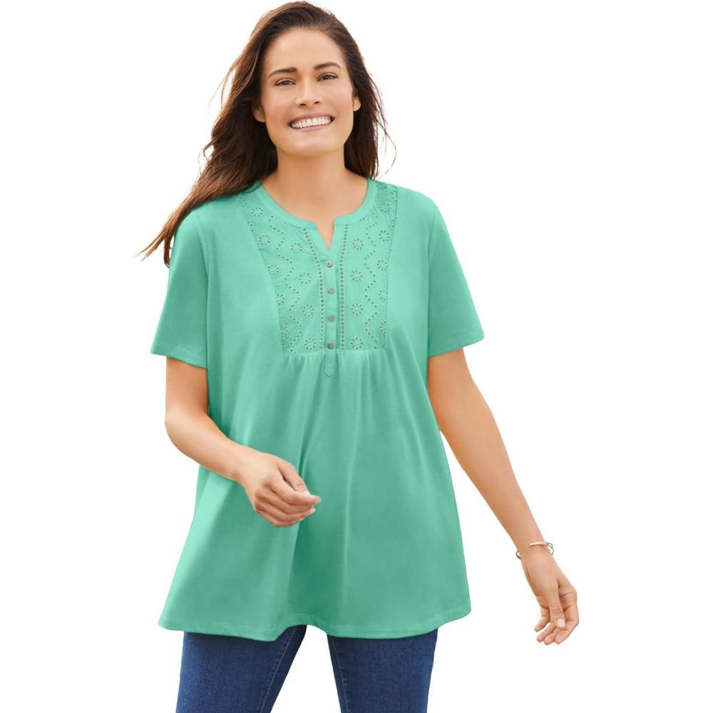 imageWoman Within Plus Size Eyelet Henley TeePale Seafoam
