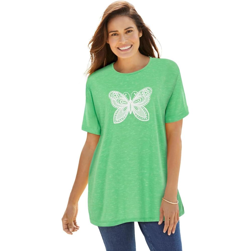 imageWoman Within Plus Size Marled CuffedSleeve TeeGrass Butterfly
