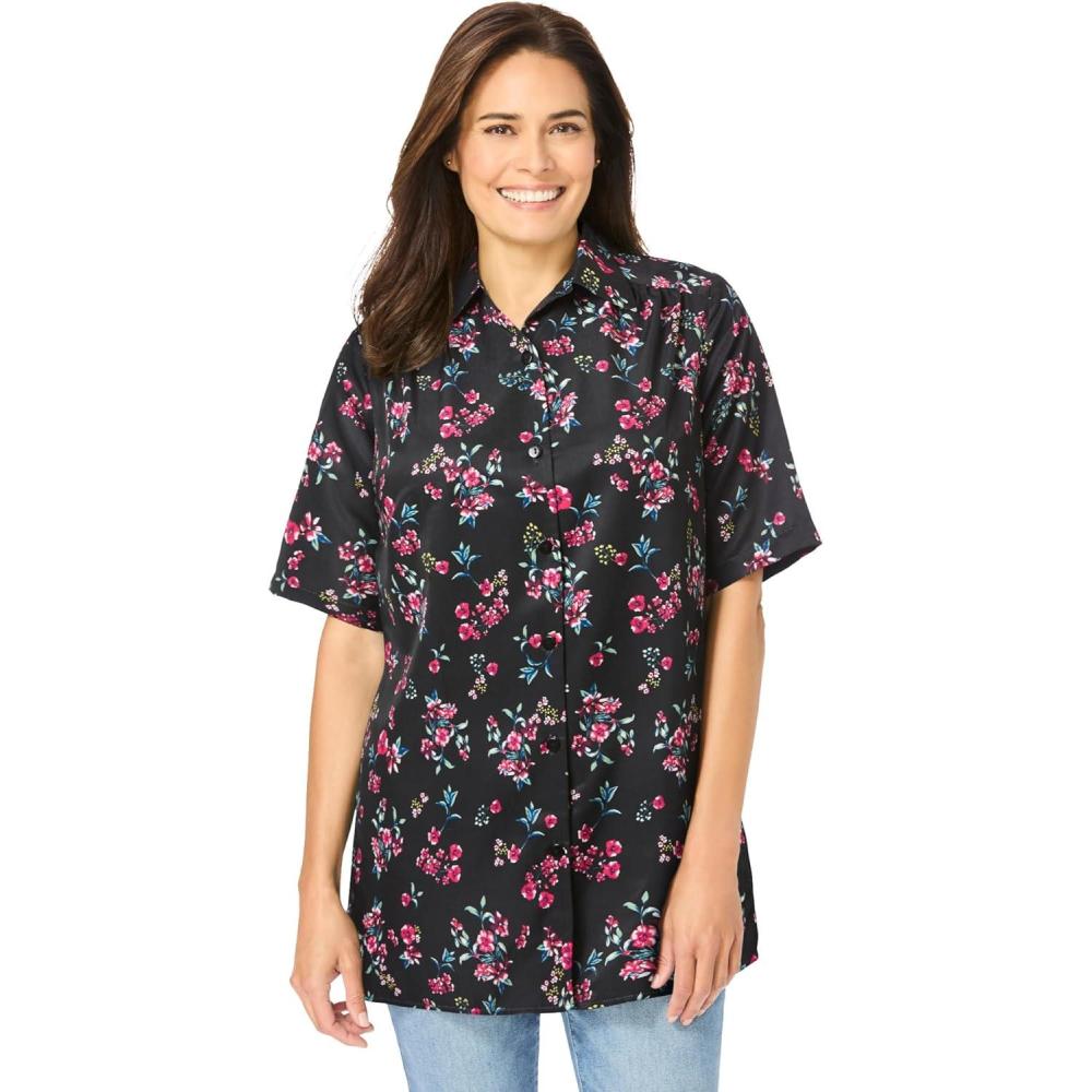 imageWoman Within Plus Size No Iron Short Sleeve Peachskin ShirtBlack Floral