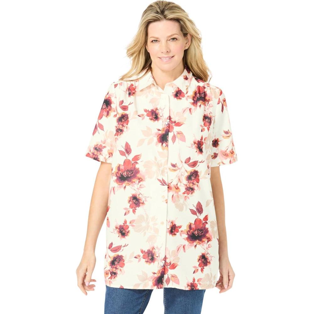 imageWoman Within Plus Size No Iron Short Sleeve Peachskin ShirtIvory Romantic Floral