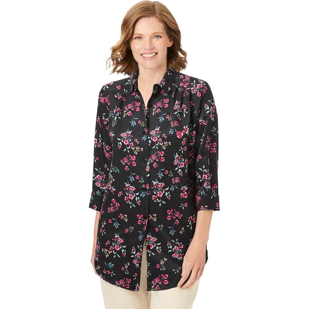 imageWoman Within Plus Size No Iron ThreeQuarter Sleeve Peachskin ShirtBlack Floral