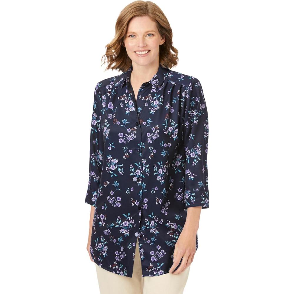 imageWoman Within Plus Size No Iron ThreeQuarter Sleeve Peachskin ShirtNavy Floral