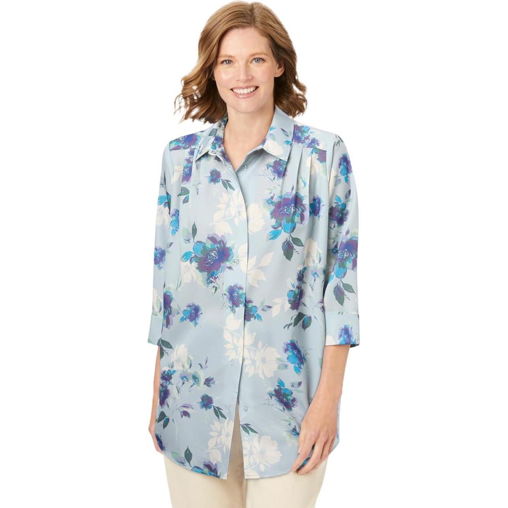 imageWoman Within Plus Size No Iron ThreeQuarter Sleeve Peachskin ShirtPearl Grey Romantic Floral