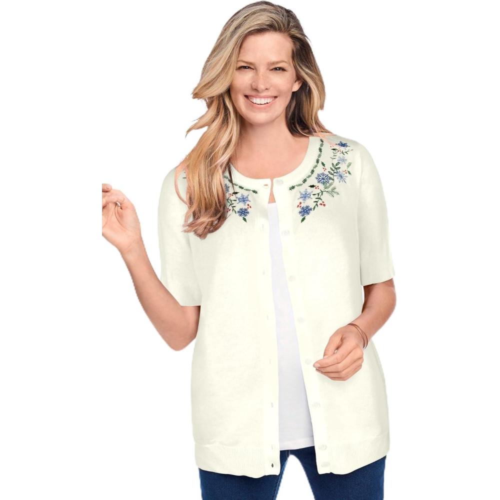 imageWoman Within Plus Size Perfect ElbowLength Sleeve CardiganWhite Butterfly Garden