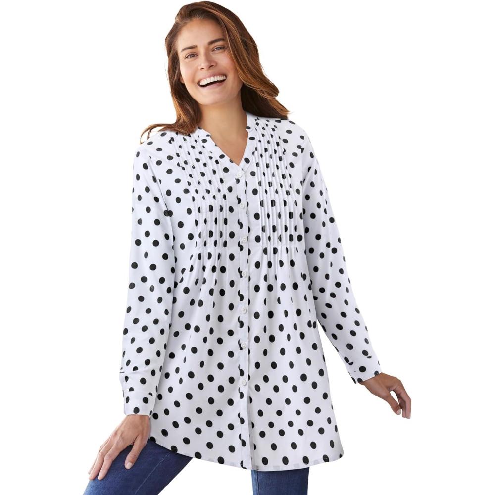 imageWoman Within Plus Size Perfect Pintuck TunicWhite Black Dot