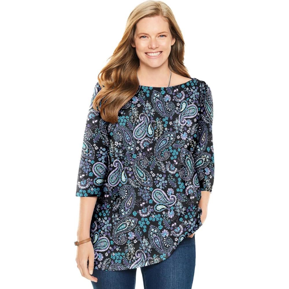 imageWoman Within Plus Size Perfect Printed ElbowSleeve Boatneck TeeBlack Paisley
