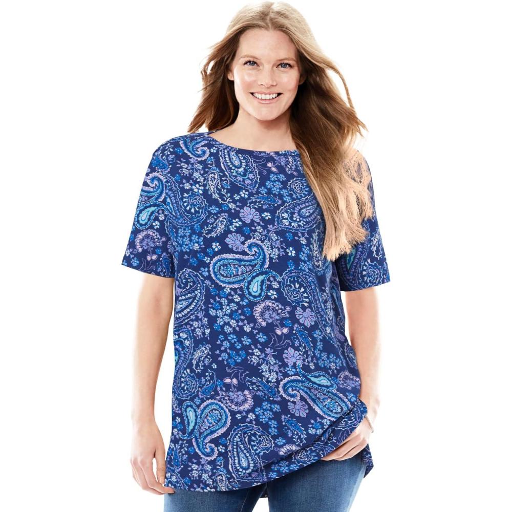 imageWoman Within Plus Size Perfect Printed ShortSleeve Boatneck TunicEvening Blue Paisley