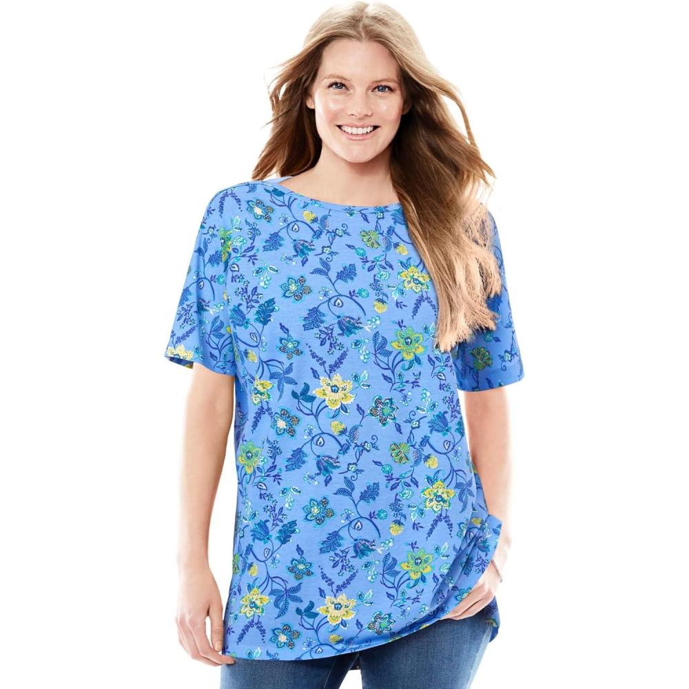 imageWoman Within Plus Size Perfect Printed ShortSleeve Boatneck TunicFrench Blue Jacquard Floral