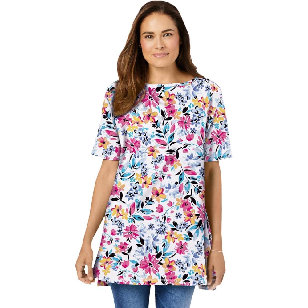 imageWoman Within Plus Size Perfect Printed ShortSleeve Boatneck TunicWhite Painterly Bloom
