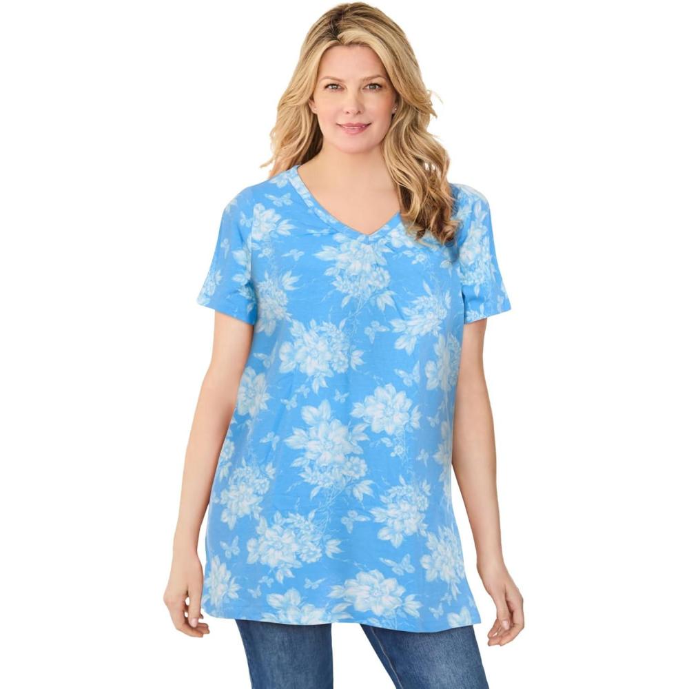 imageWoman Within Plus Size Perfect Printed ShortSleeve Shirred VNeck TunicAzure Butterfly Bloom