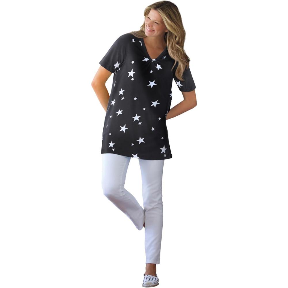 imageWoman Within Plus Size Perfect Printed ShortSleeve Shirred VNeck TunicBlack White Stars