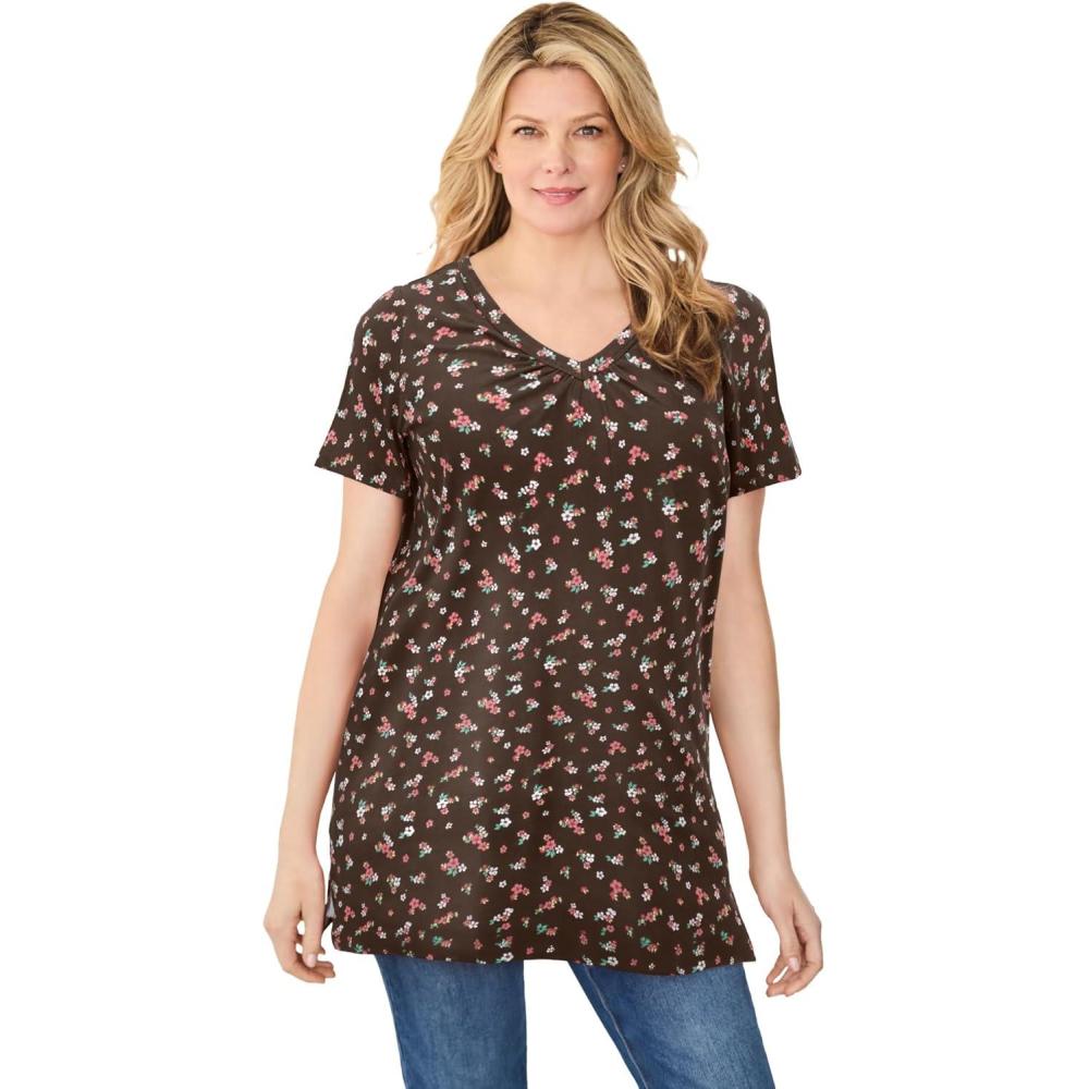 imageWoman Within Plus Size Perfect Printed ShortSleeve Shirred VNeck TunicChocolate Jasmine
