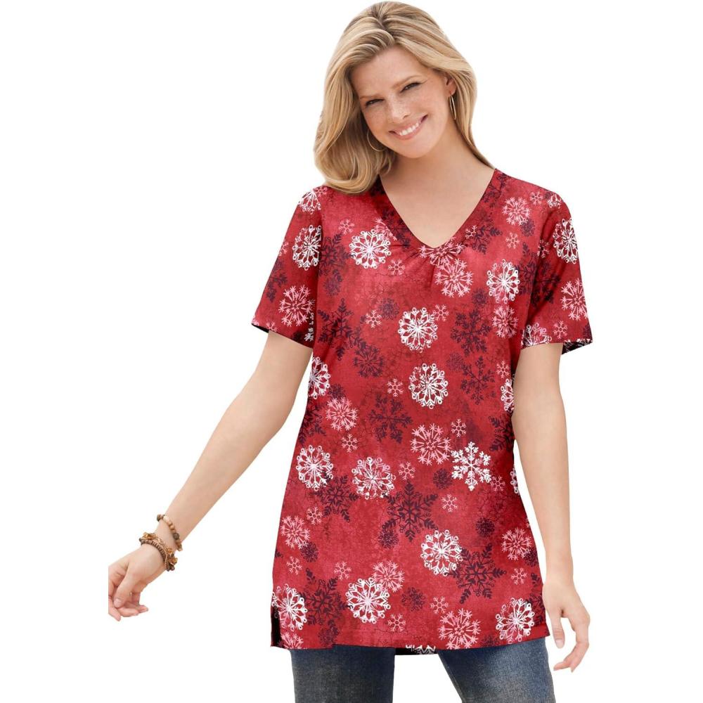 imageWoman Within Plus Size Perfect Printed ShortSleeve Shirred VNeck TunicClassic Red Textured Snowflake