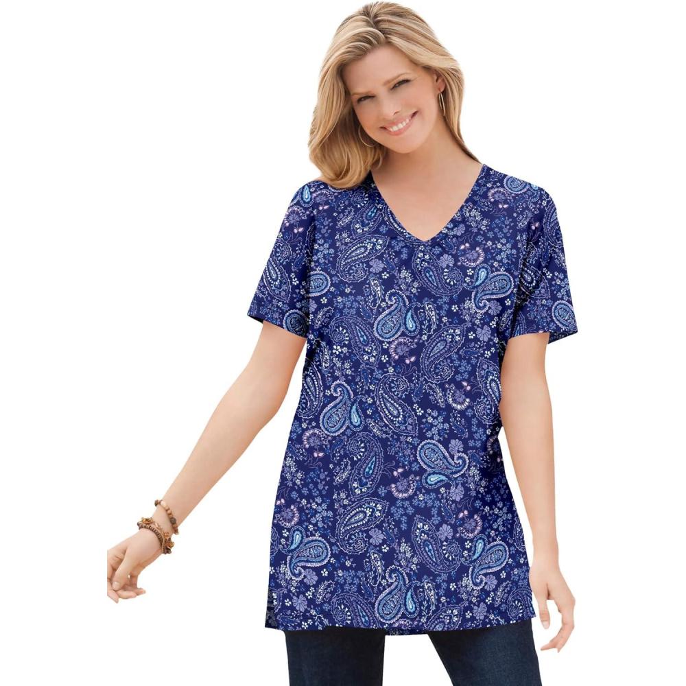 imageWoman Within Plus Size Perfect Printed ShortSleeve Shirred VNeck TunicEvening Blue Paisley