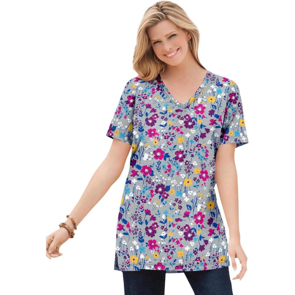 imageWoman Within Plus Size Perfect Printed ShortSleeve Shirred VNeck TunicHeather Grey Field Floral