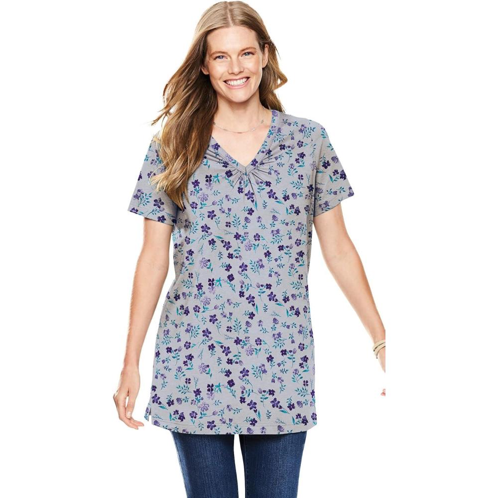 imageWoman Within Plus Size Perfect Printed ShortSleeve Shirred VNeck TunicHeather Grey Pretty Floral