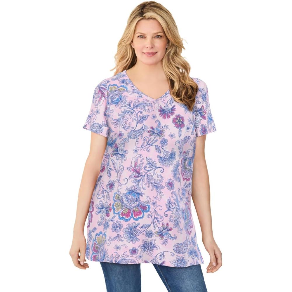 imageWoman Within Plus Size Perfect Printed ShortSleeve Shirred VNeck TunicPink Tie Dye Batik