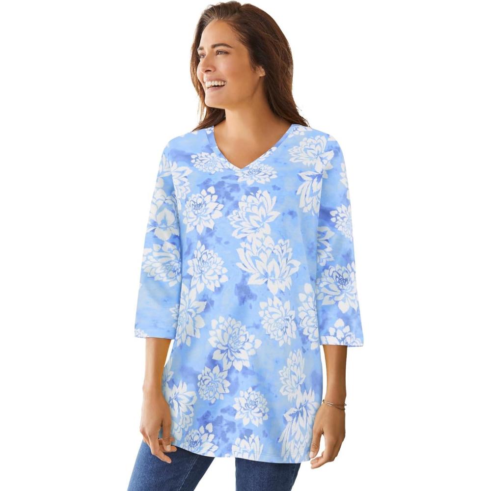 imageWoman Within Plus Size Perfect Printed ThreeQuarter Sleeve VNeck TeeFrench Blue Soft Lotus